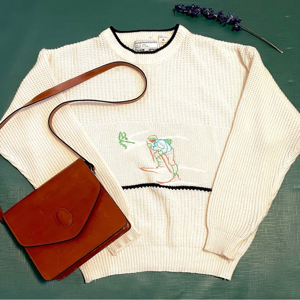 Vintage cross country skier embroidered sweater